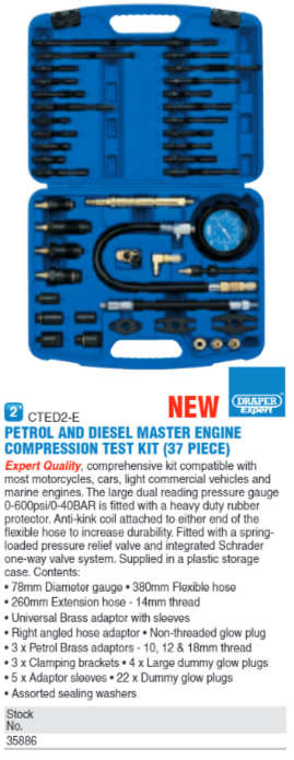 Draper 35886 Petrol and Diesel Master Engine Compression Test Kit 37 piece