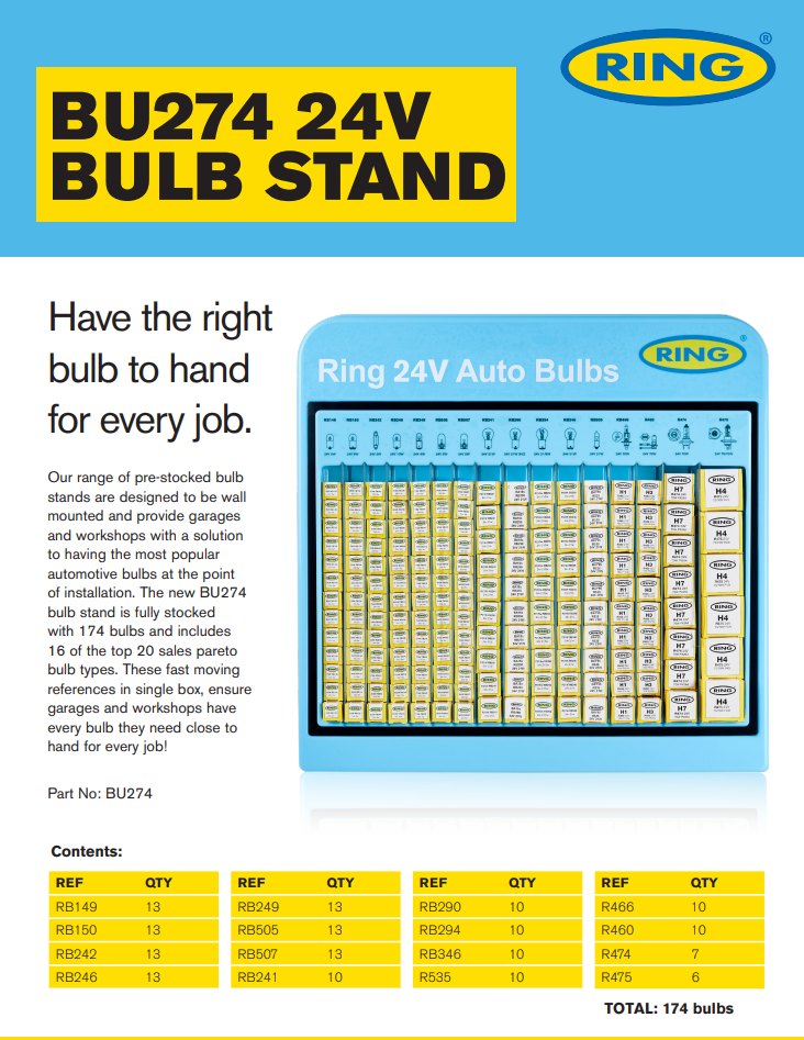 BU274 Ring Automotive 24v Single Box Bulb Stand Complete with 174 Bulbs