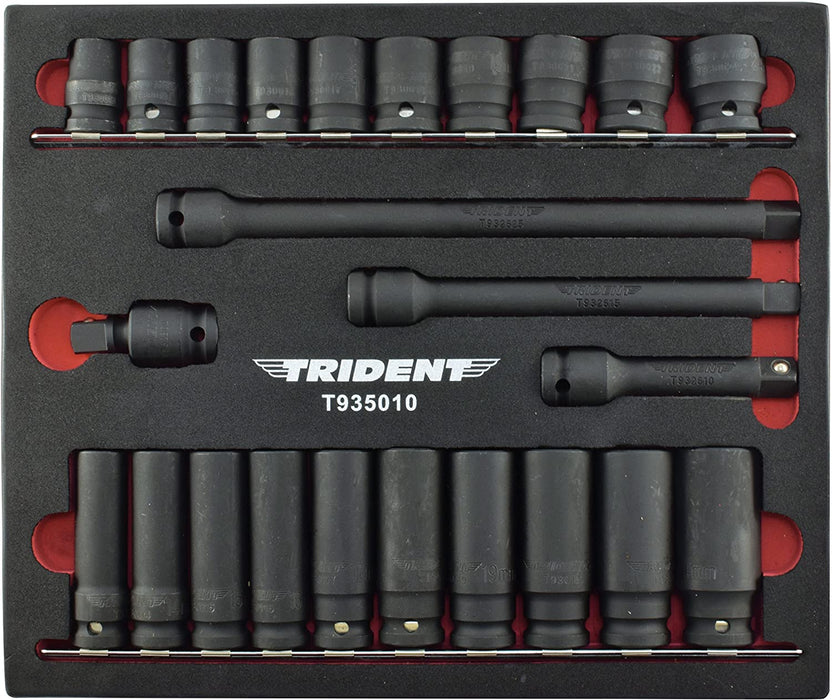 Trident 1/2" Drive 6 Point Short +Deep Impact Sockets 13-24mm 24 Piece Set in Foam Tray T935010