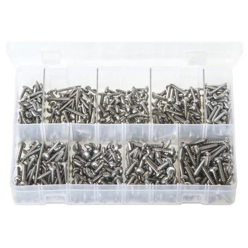 Assortment Box. A2 Stainless Steel Self-Tapping Screws Pan Head Pozi. 450 Pieces.