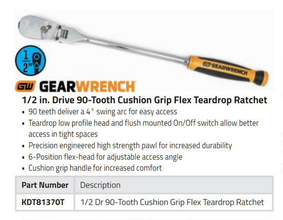 KDT81370T Gearwrench 1/2" Drive 90-Tooth Flexi-Head Teardrop Ratchet Cushion Grip